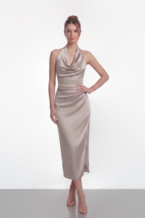 Saten Halter Yaka Drapeli Midi Abiye - 2084