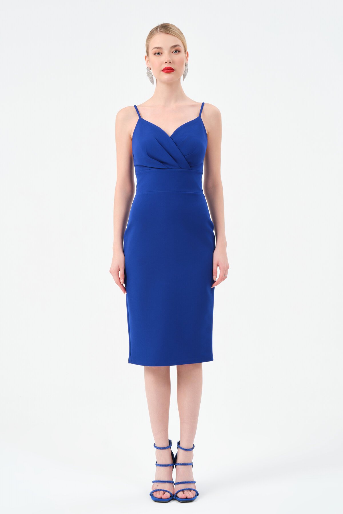 Askılı Kruvaze Yaka Midi Elbise - 1538