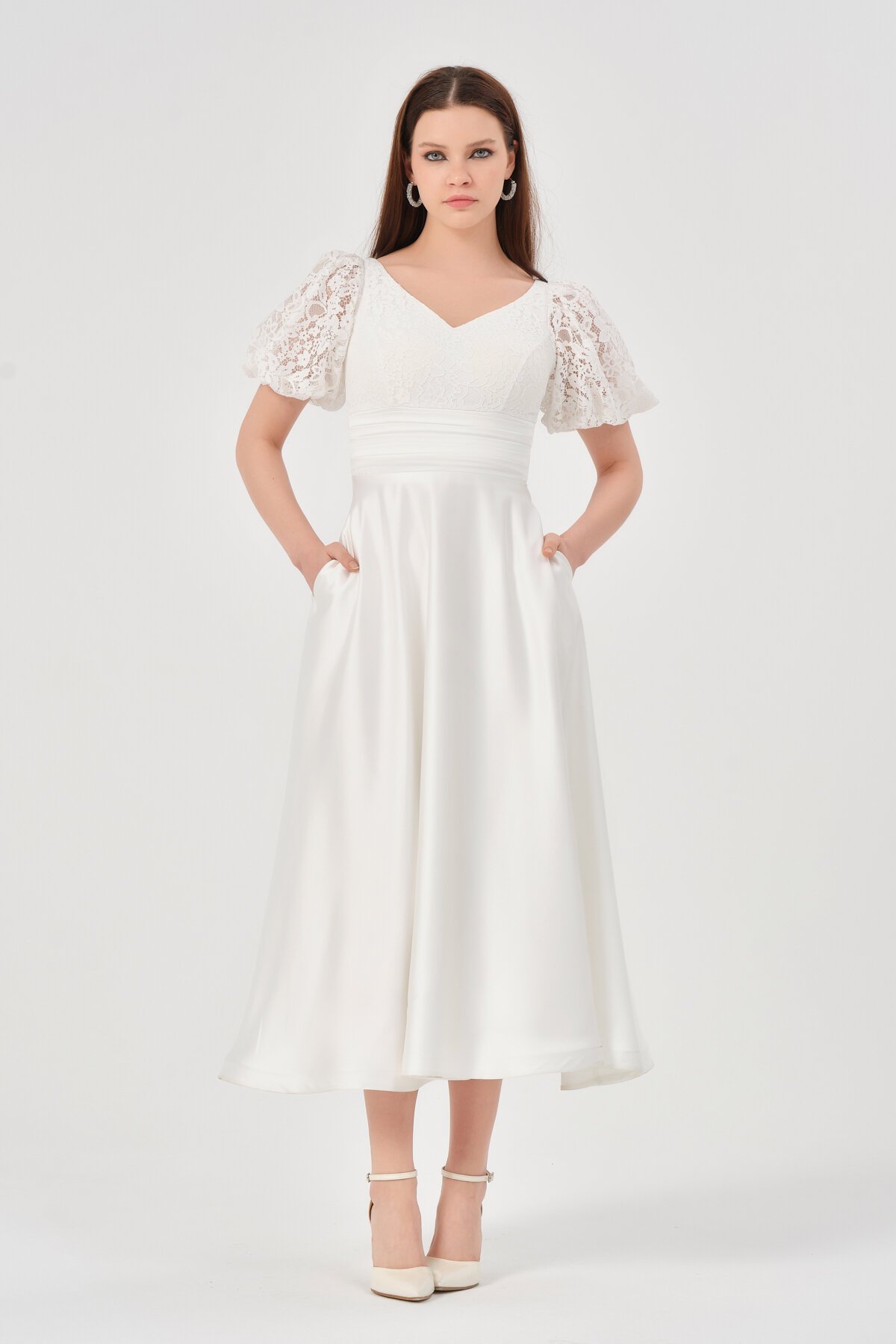 Balon Kol Detaylı Midi Elbise - 1587