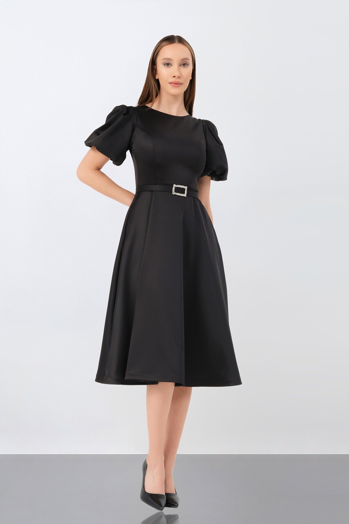 Balon Kol Midi Elbise - 1232