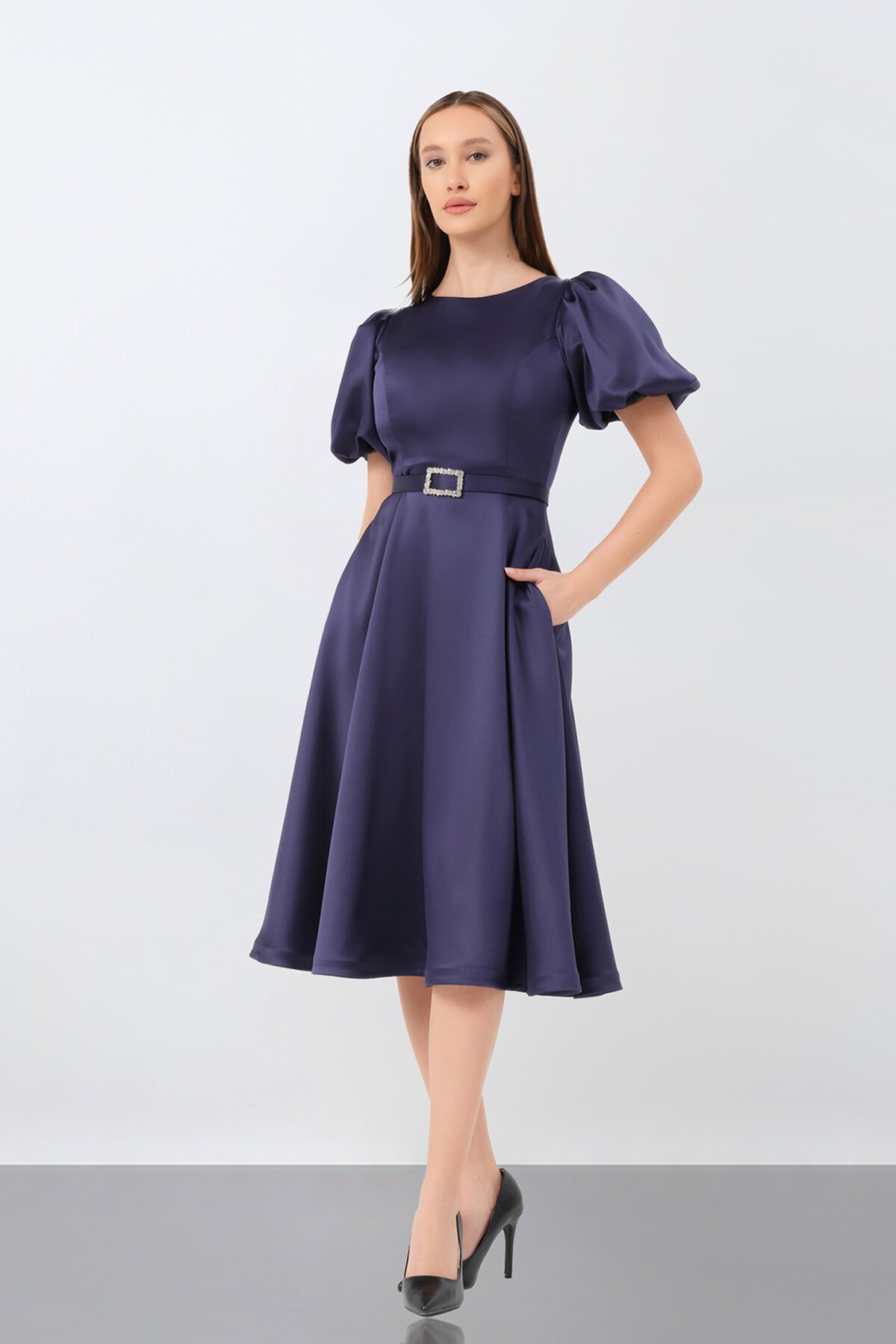 Balon Kol Midi Elbise - 1232