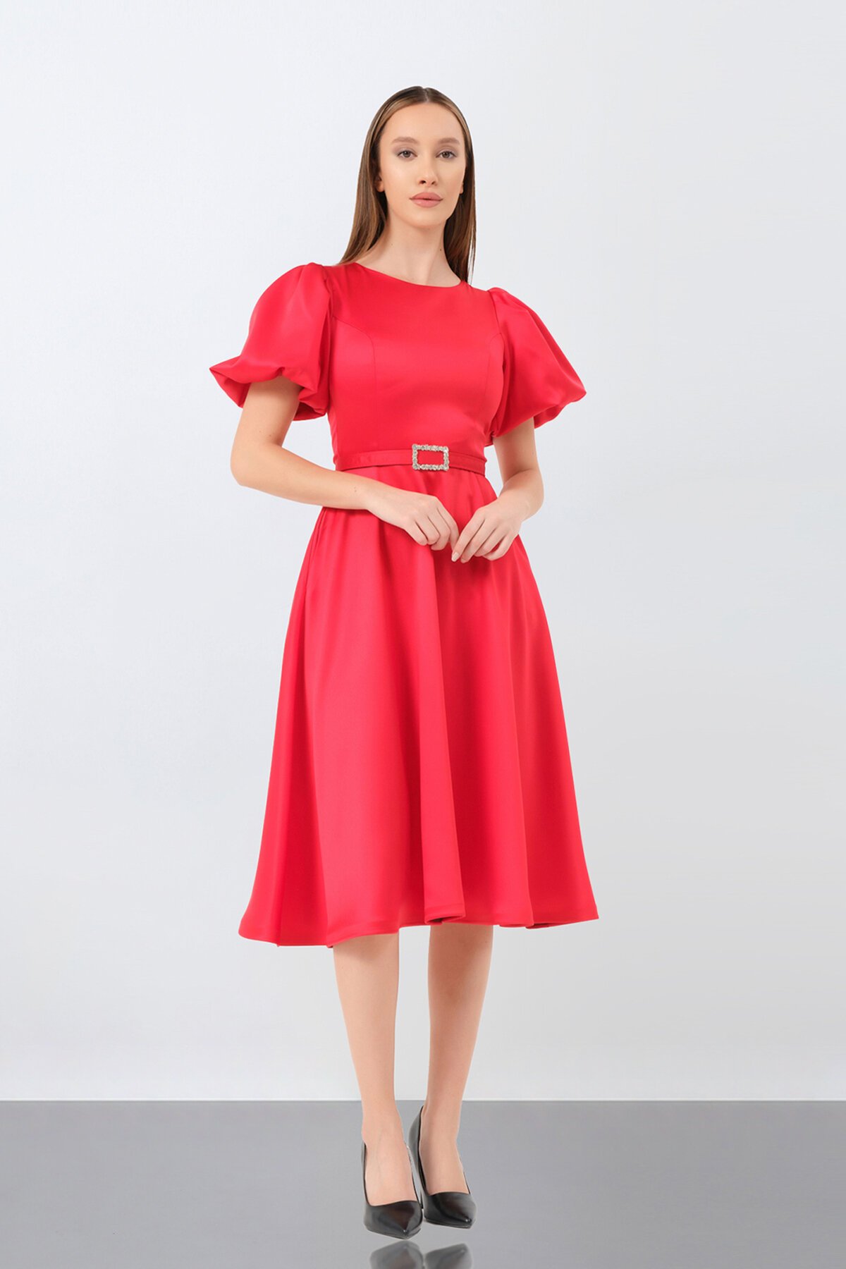 Balon Kol Midi Elbise - 1232