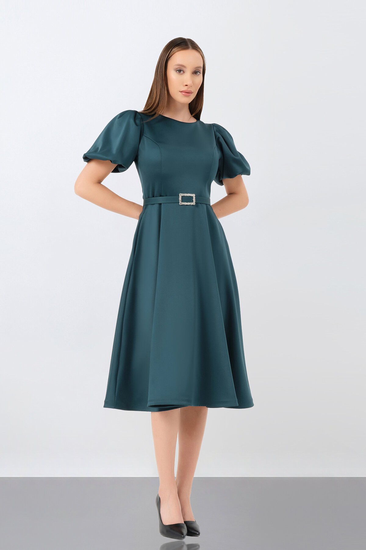 Balon Kol Midi Elbise - 1232