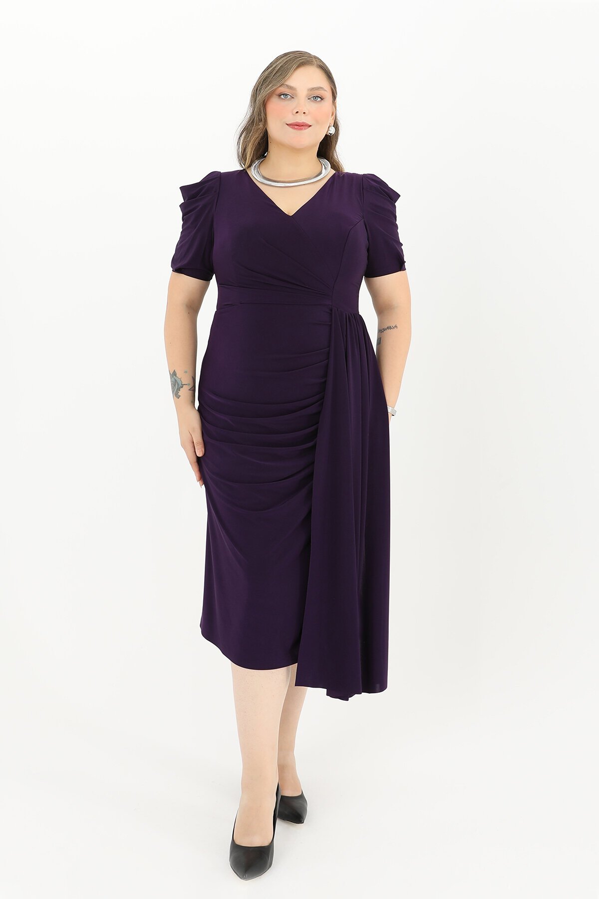 Balon Kollu Drapeli Midi Elbise - 1645