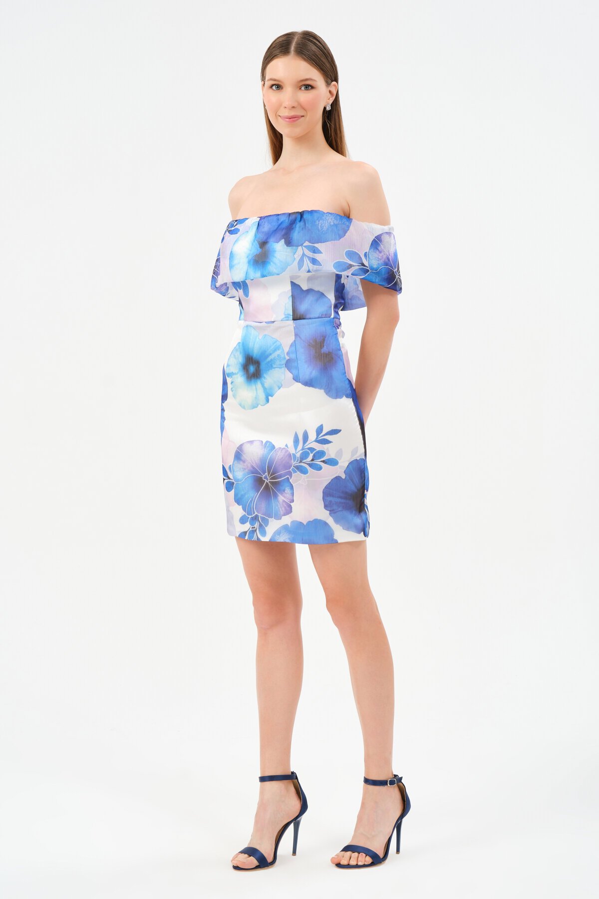 Çiçek Desenli Kayık Yaka Mini Elbise - 1530