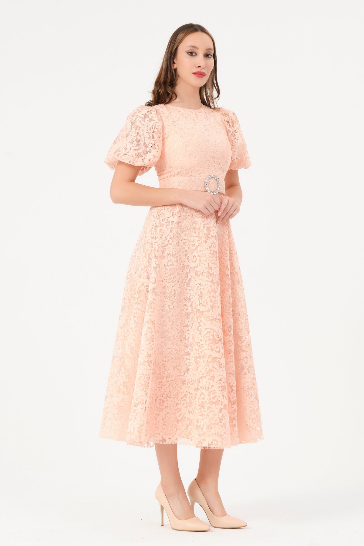 Dantelli Balon Kollu Midi Elbise - 1592