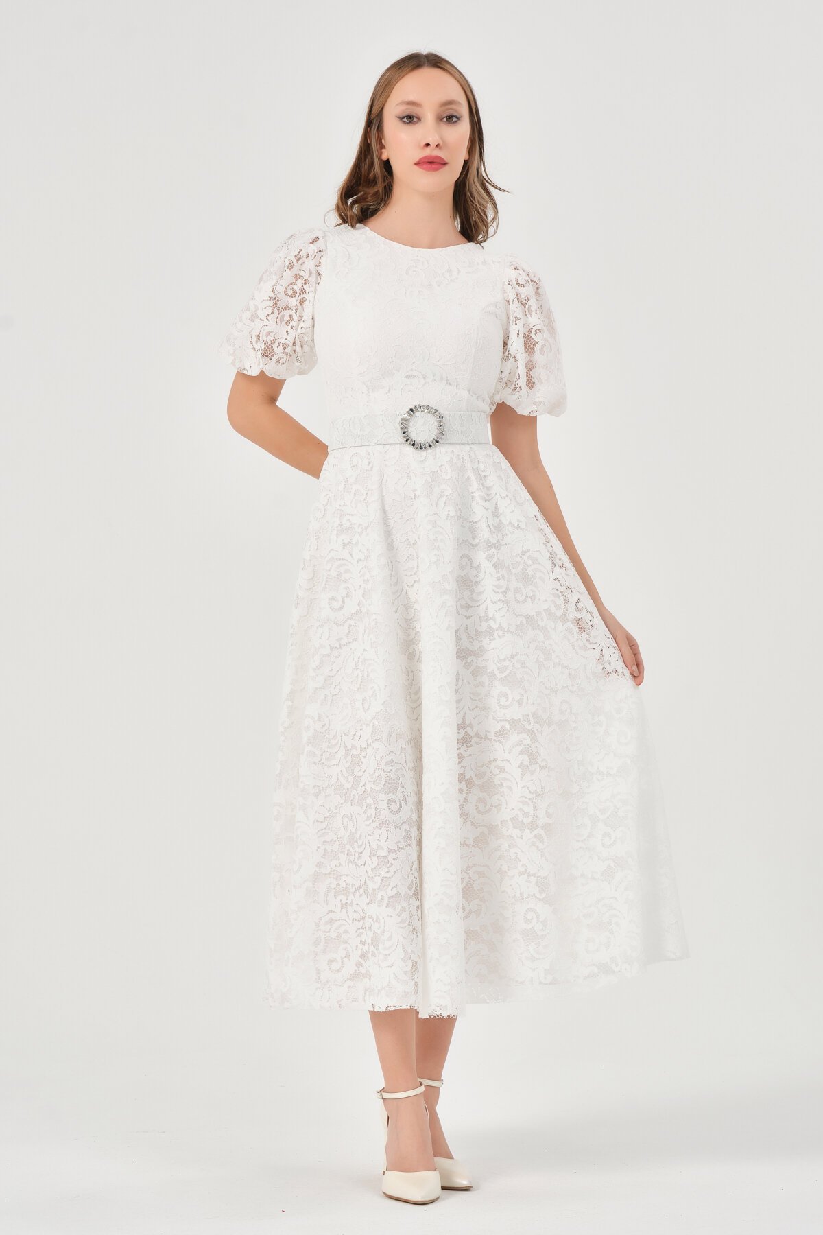 Dantelli Balon Kollu Midi Elbise - 1592