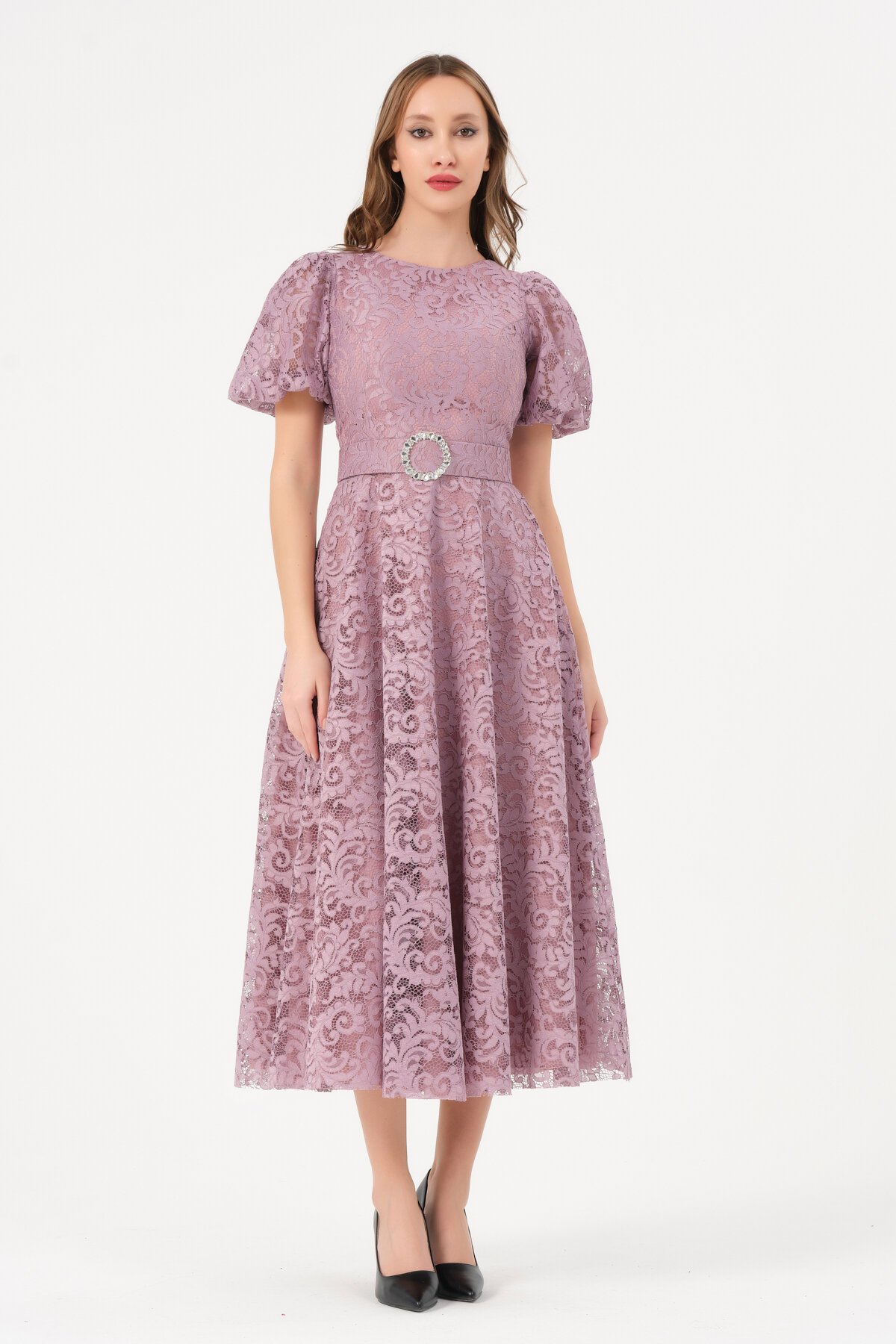 Dantelli Balon Kollu Midi Elbise - 1592