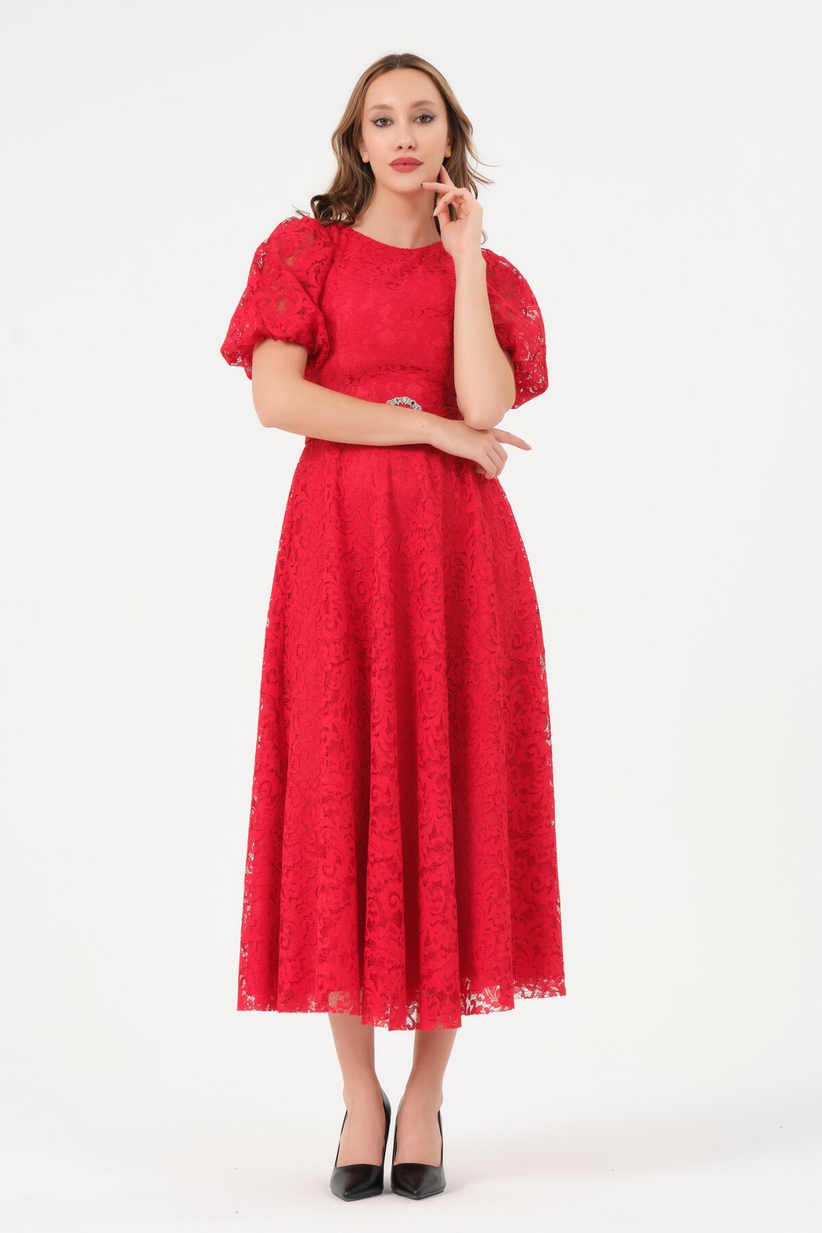 Dantelli Balon Kollu Midi Elbise - 1592