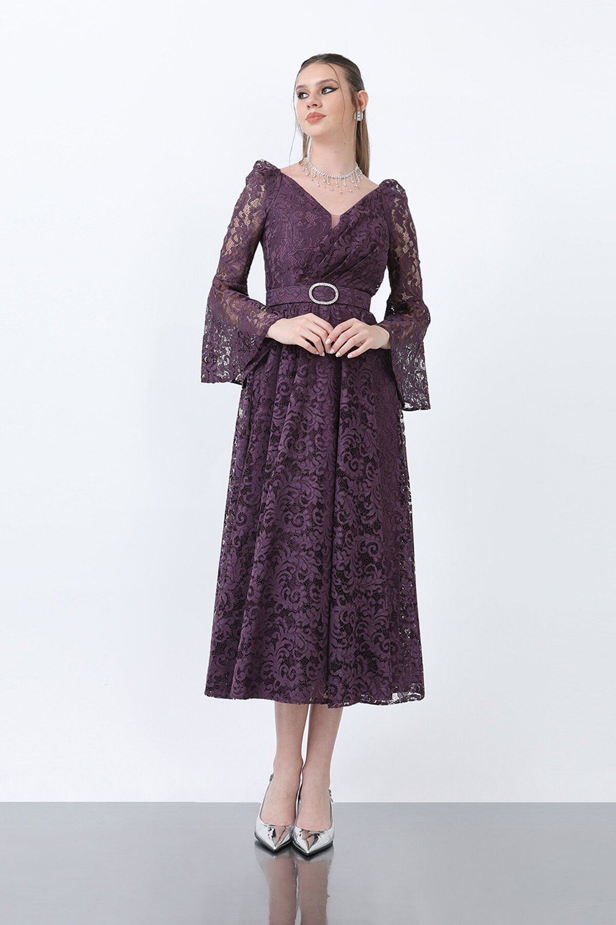 Dantelli Kemer Detaylı Midi Elbise - 1636