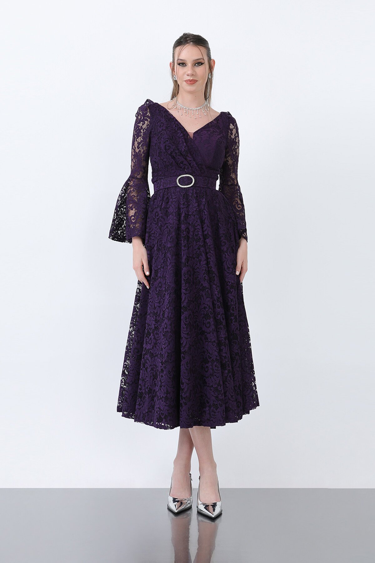 Dantelli Kemer Detaylı Midi Elbise - 1636