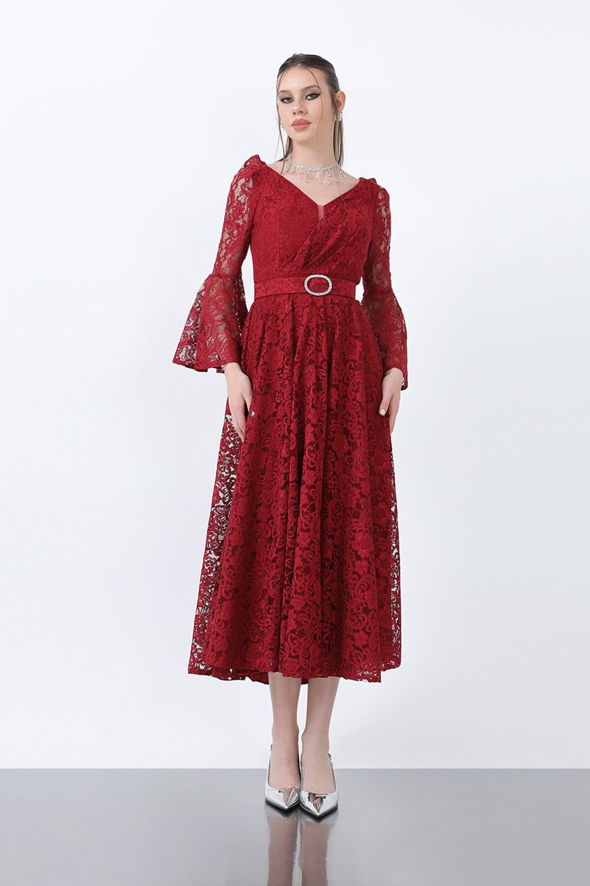 Dantelli Kemer Detaylı Midi Elbise - 1636