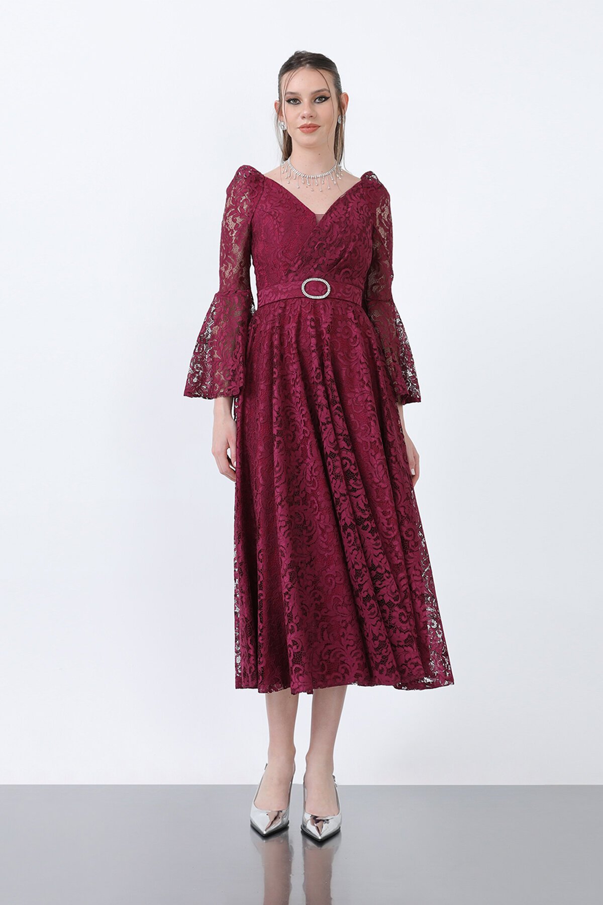 Dantelli Kemer Detaylı Midi Elbise - 1636