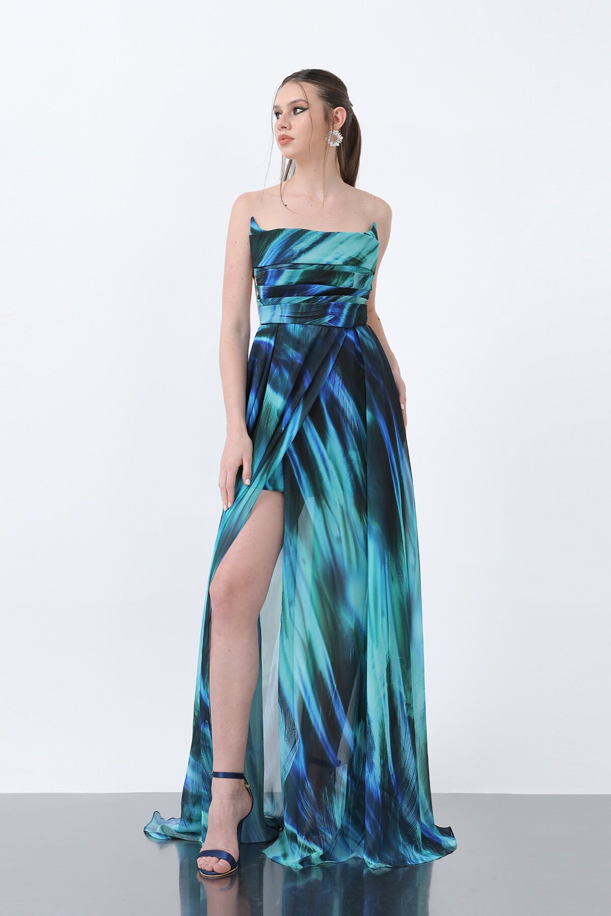 Desenli Mini Etekli Straplez Elbise - 1835