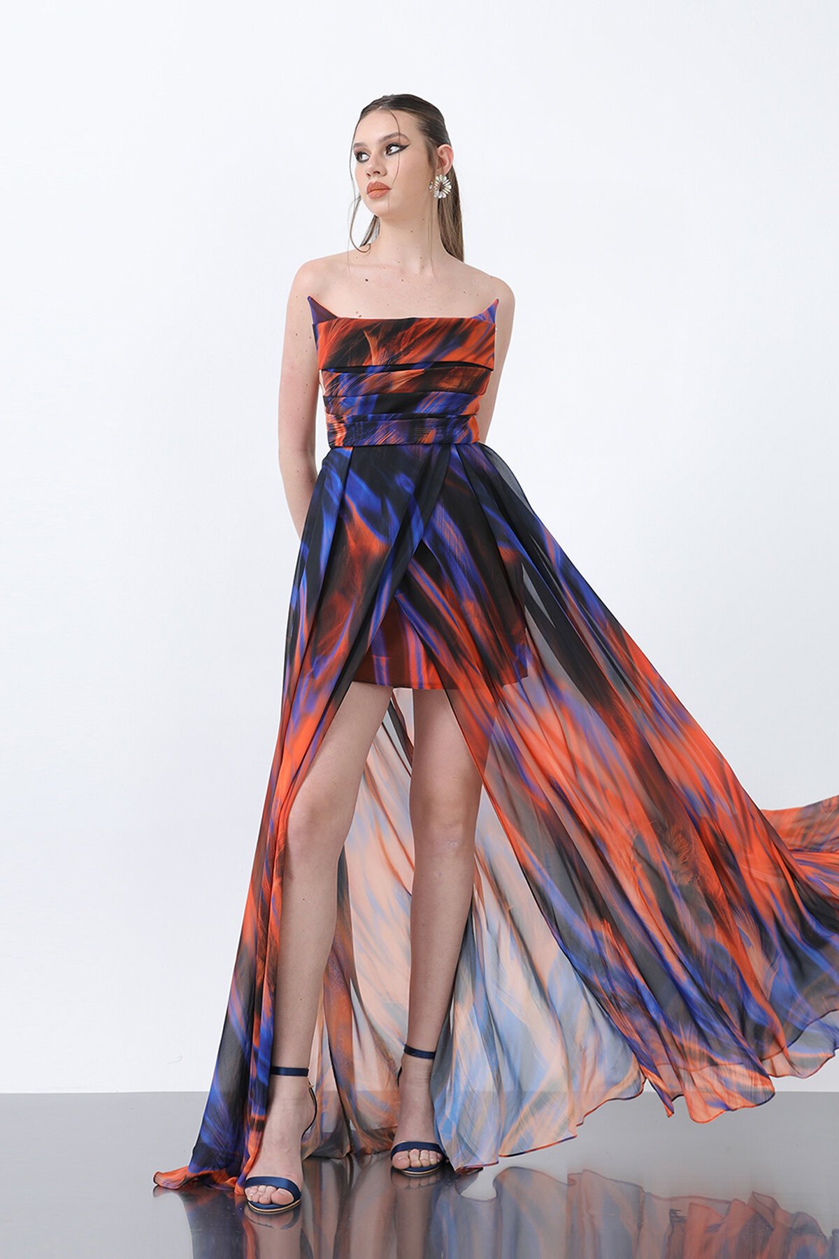 Desenli Mini Etekli Straplez Elbise - 1835