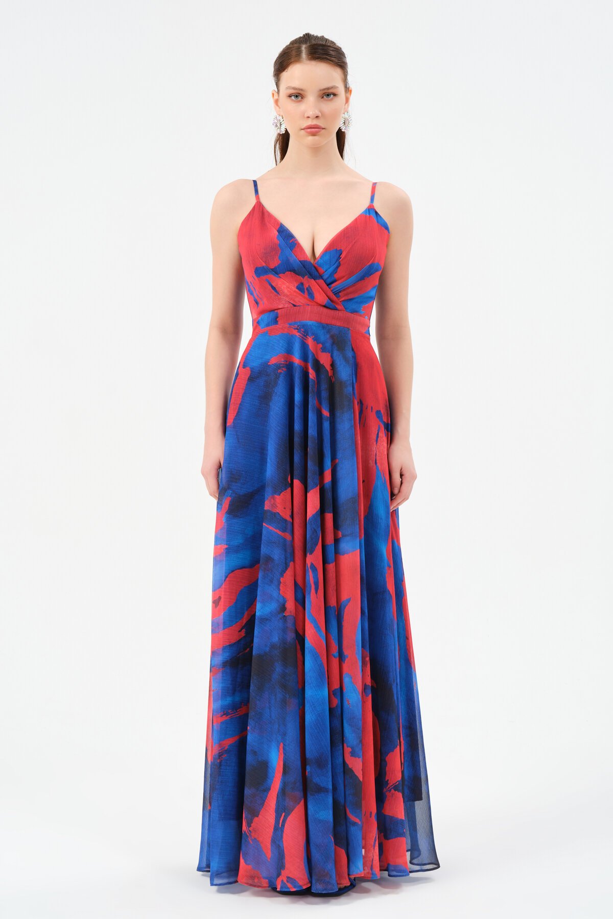 Desenli Kruvaze Yaka Askılı Elbise - 1526