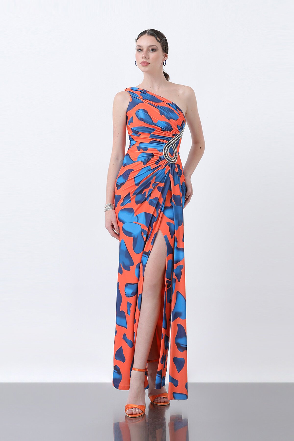 Desenli Tek Omuzlu Taş İşlemeli Elbise - 1617