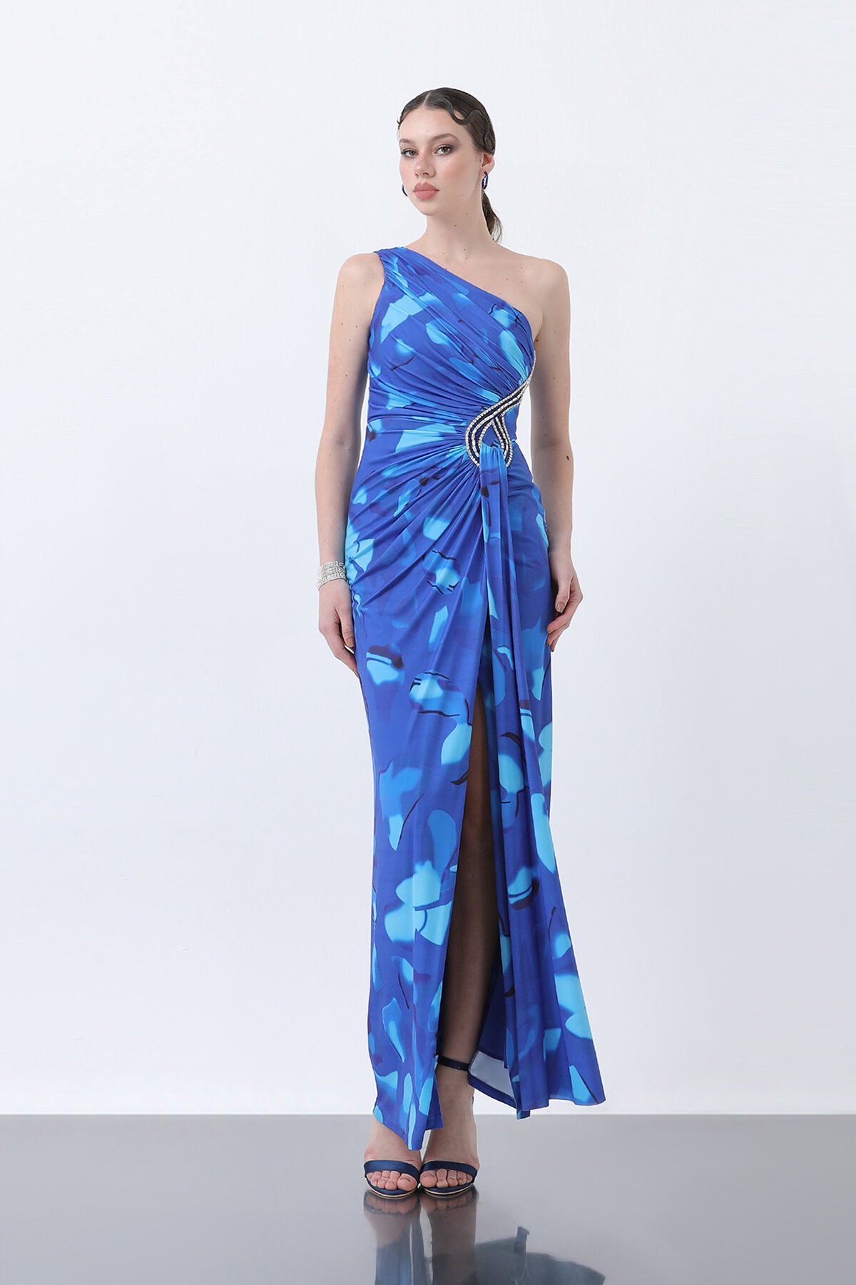 Desenli Tek Omuzlu Taş İşlemeli Elbise - 1617