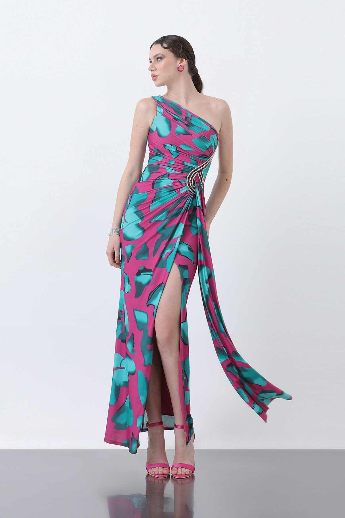 Desenli Tek Omuzlu Taş İşlemeli Elbise - 1617