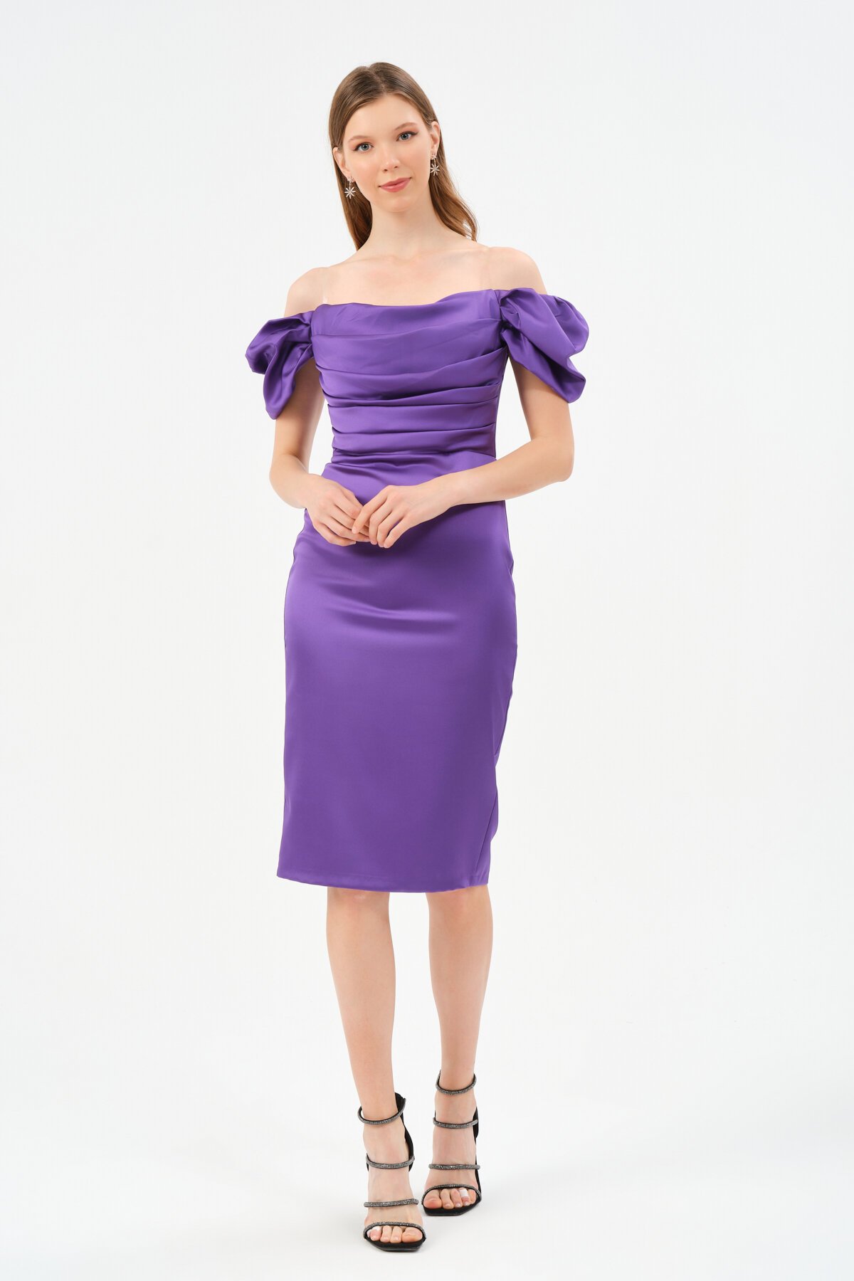 Drape Detaylı Midi Elbise - 1513