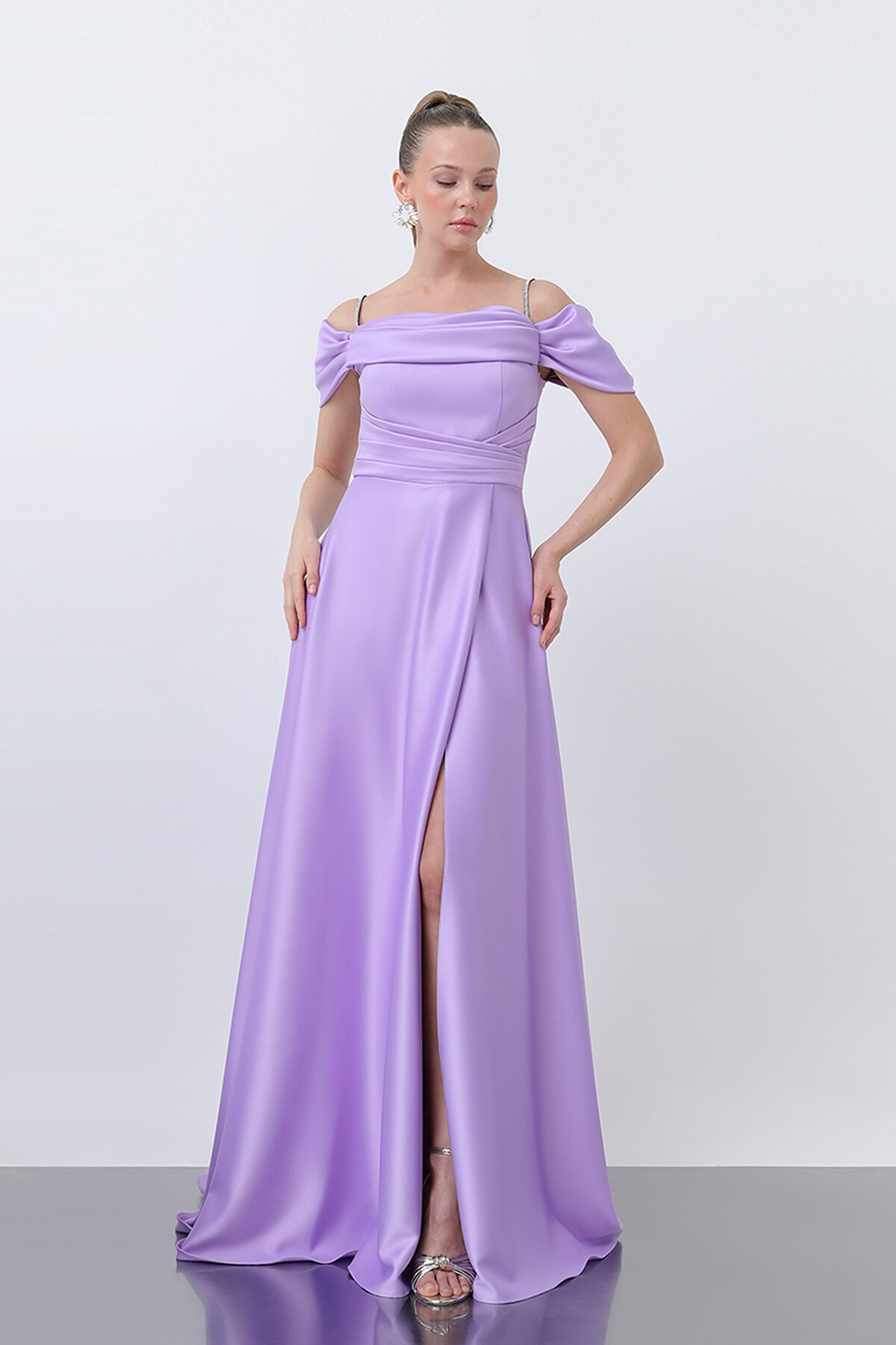 Drape Detaylı Yırtmaçlı Elbise - 1440