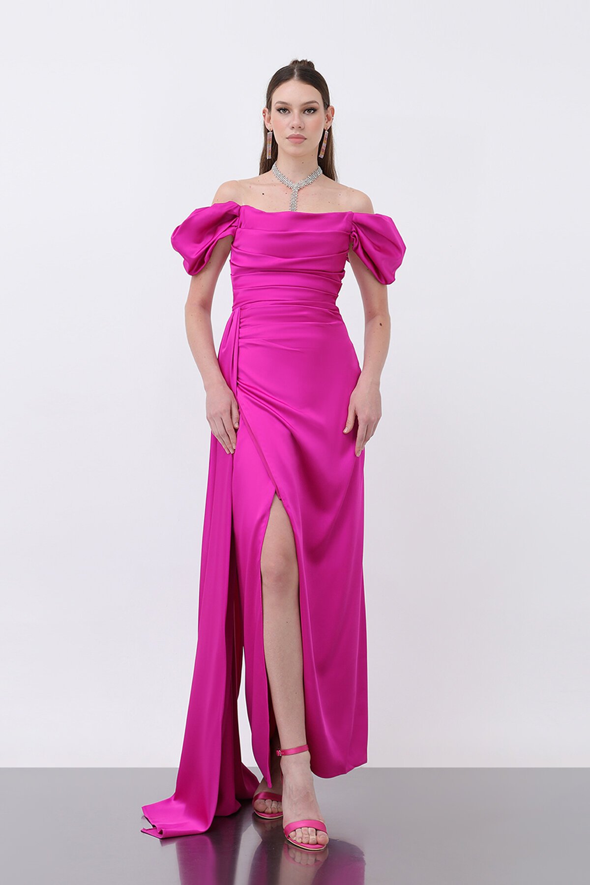 Drapeli Yırtmaçlı Elbise - 1499