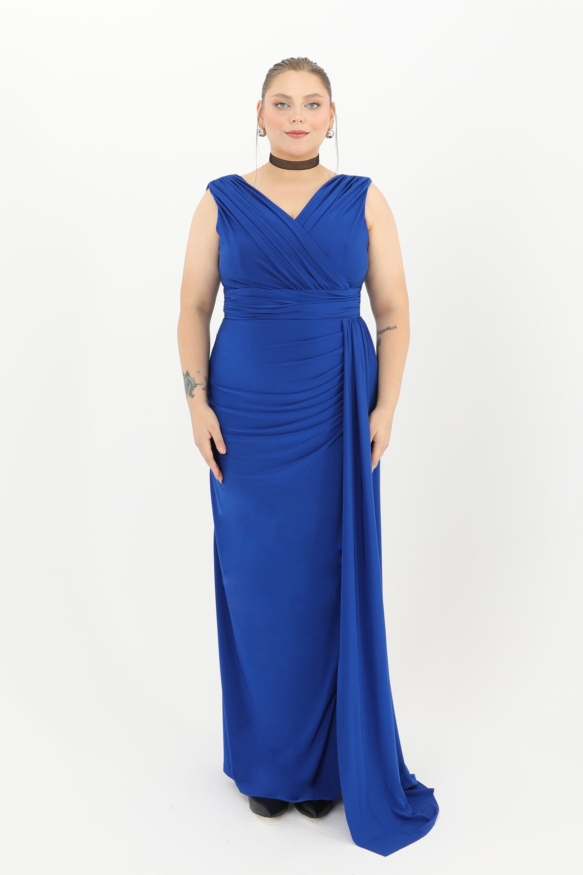 Drapeli Kruvaze Yaka Uzun Elbise - 1648