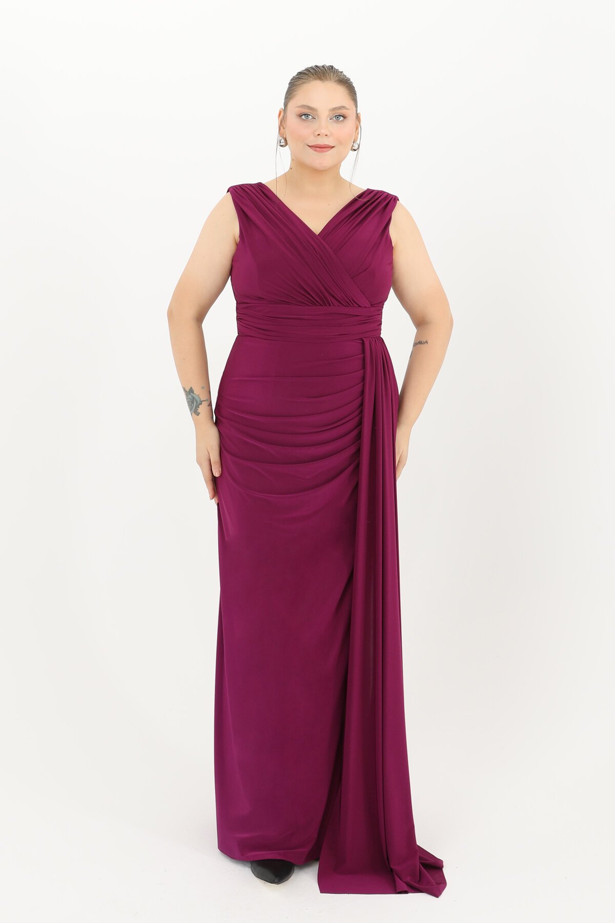 Drapeli Kruvaze Yaka Uzun Elbise - 1648