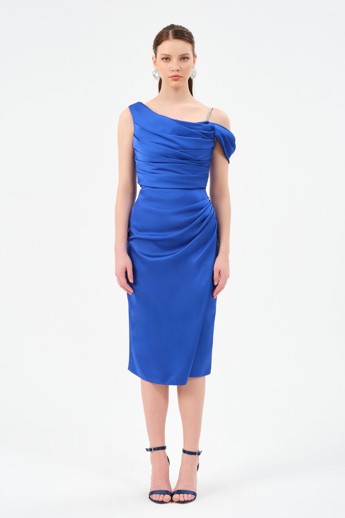 Drapeli Omuz Detaylı Midi Elbise - 1506