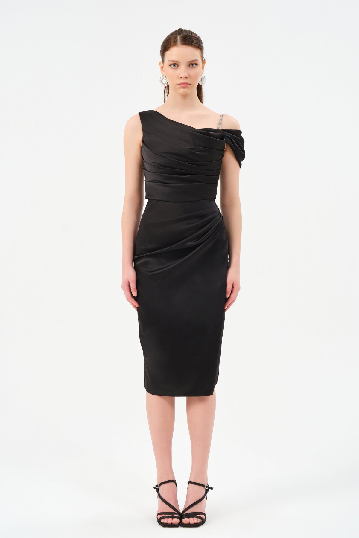 Drapeli Omuz Detaylı Midi Elbise - 1506