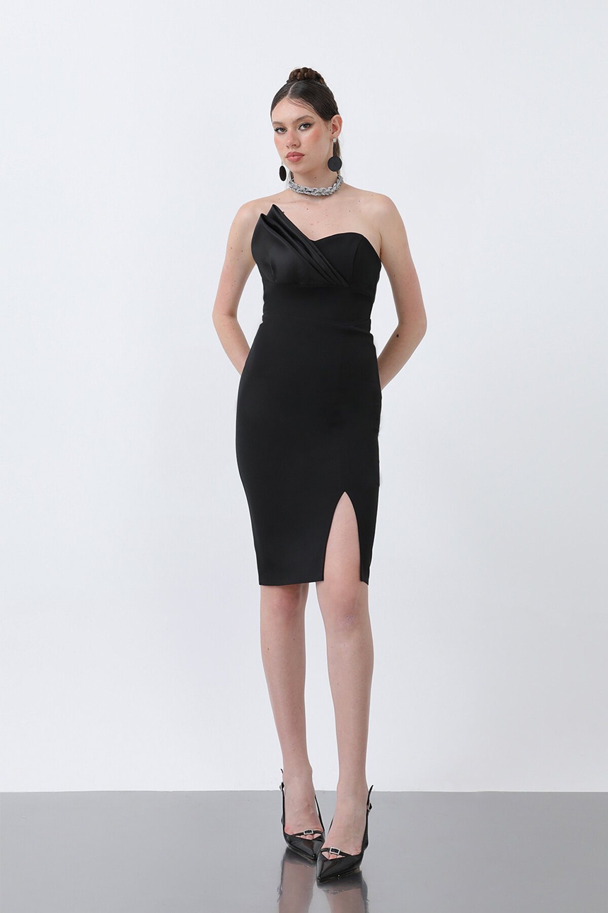 Drapeli Straplez Midi Elbise - 1864