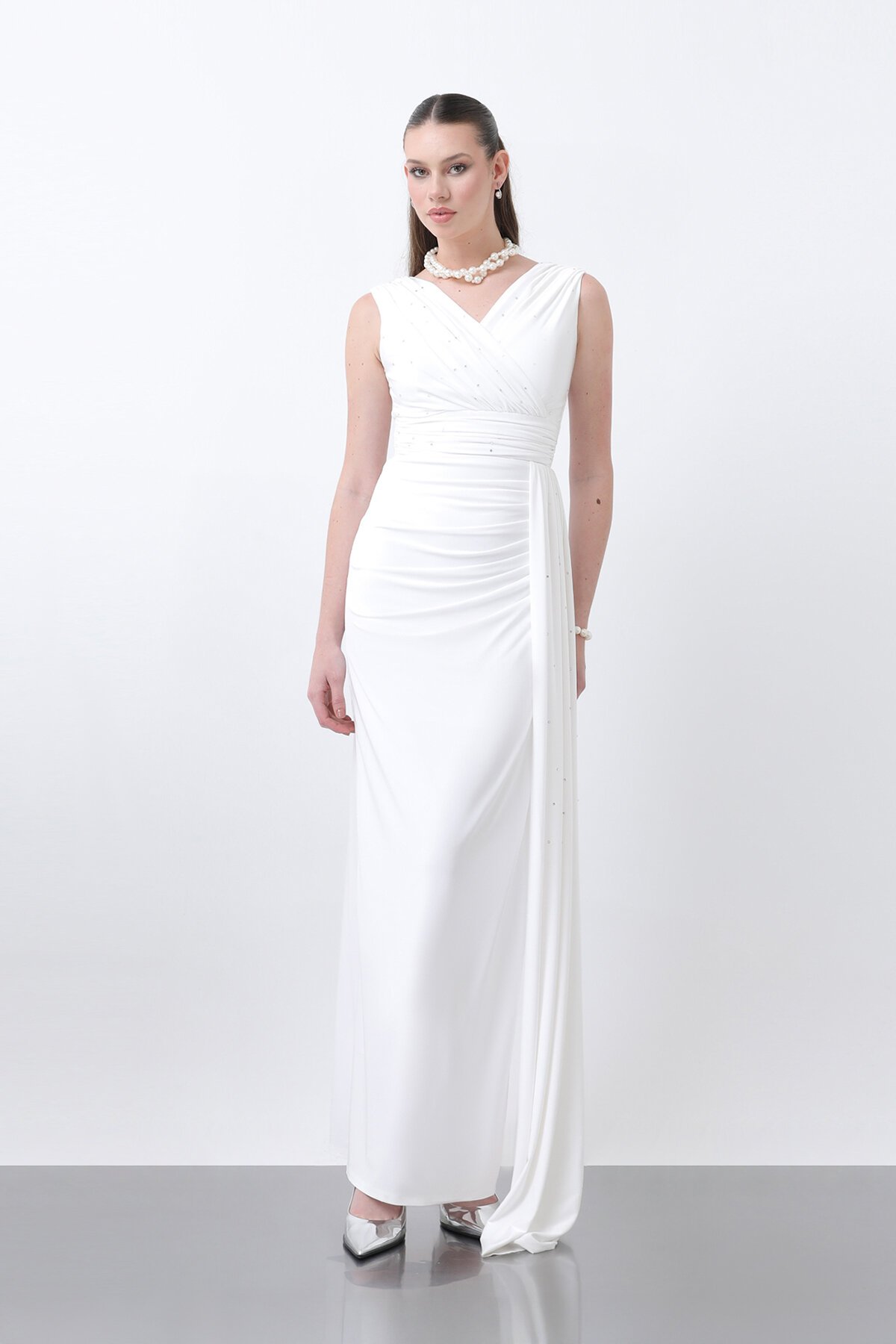 Drapeli Taş Detaylı Uzun Elbise - 1638