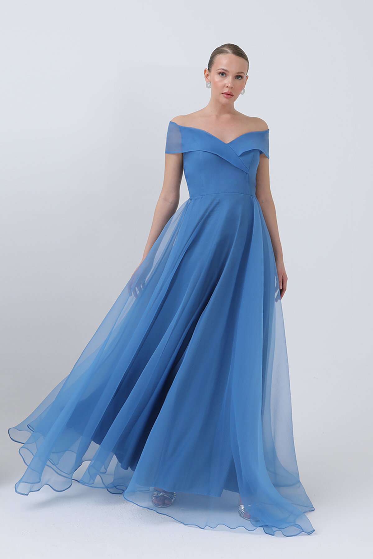 Kayık Yakalı Tül Elbise - 1697