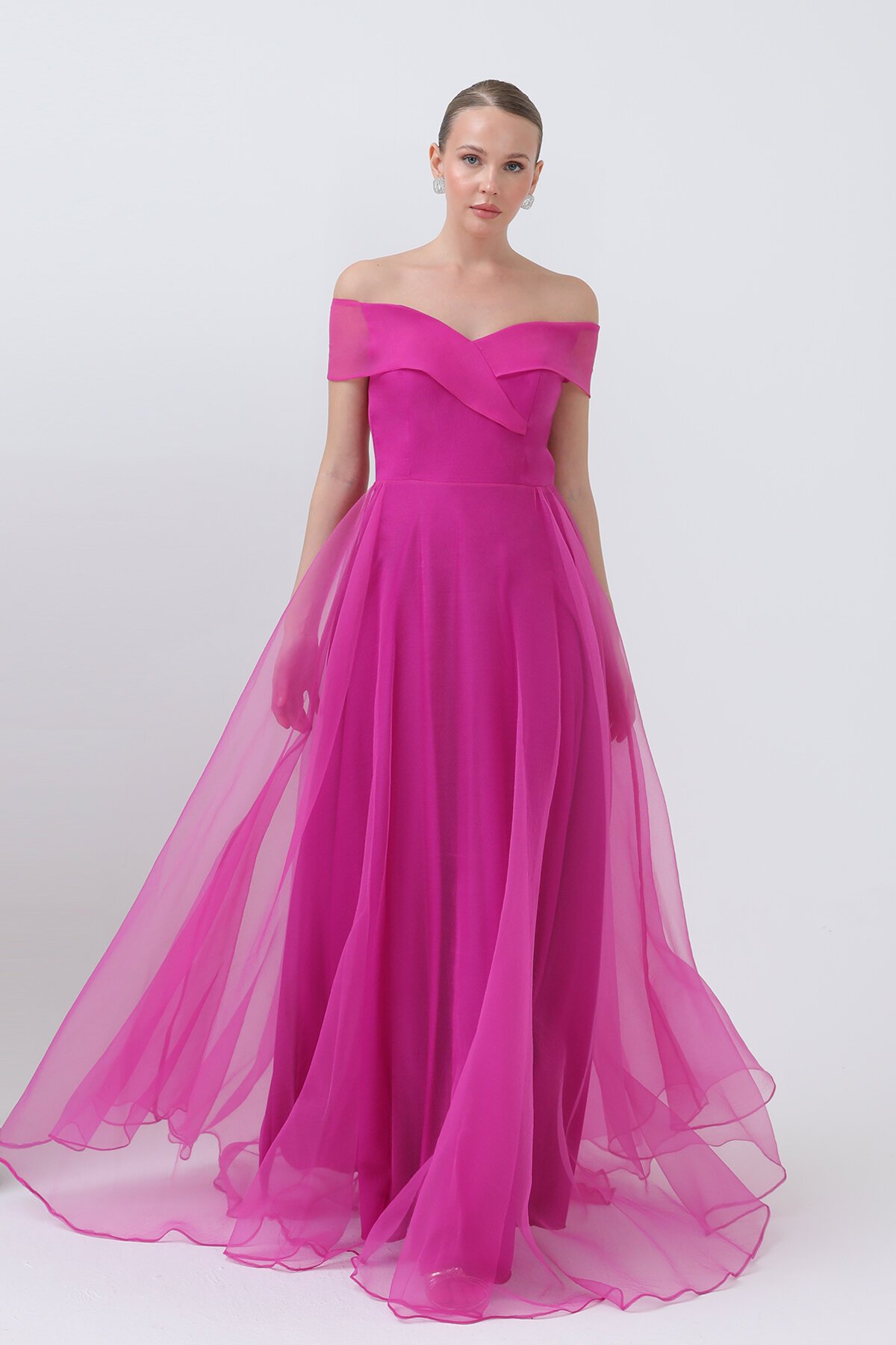 Kayık Yakalı Tül Elbise - 1697