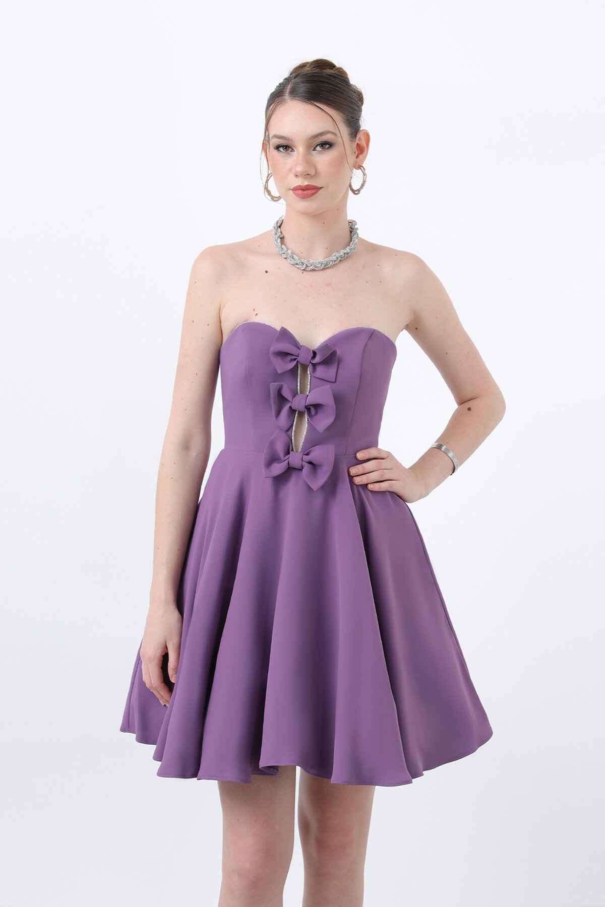 Fiyonklu Straplez Mini Elbise - 1825