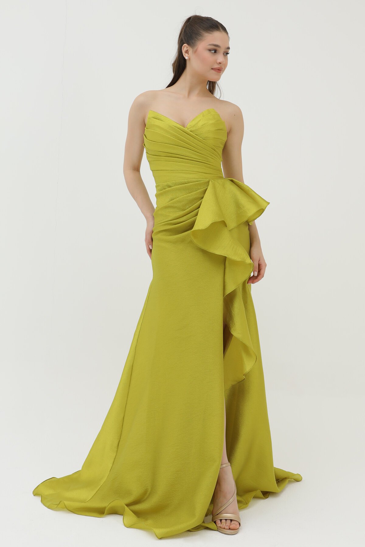 Drapeli Volan Detaylı Yırtmaçlı Elbise - 1759