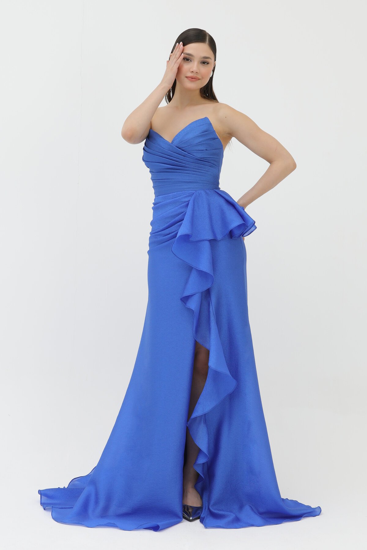 Drapeli Volan Detaylı Yırtmaçlı Elbise - 1759