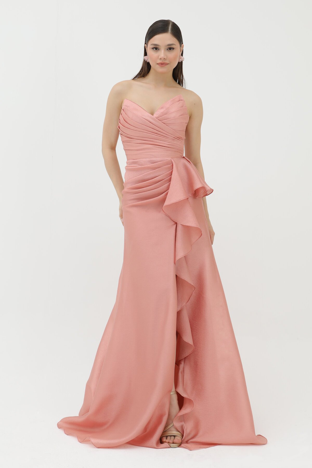 Drapeli Volan Detaylı Yırtmaçlı Elbise - 1759