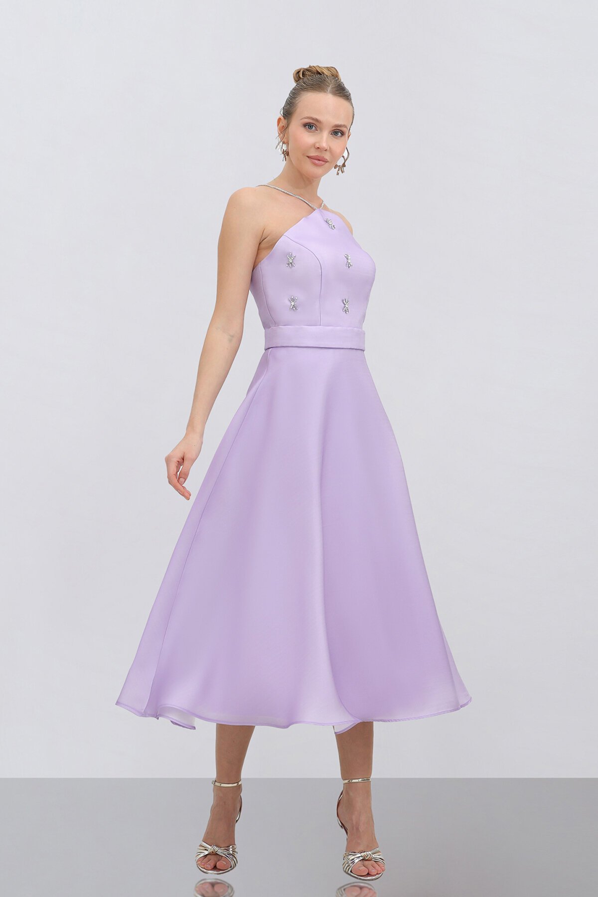 Halter Yaka Taş İşlemeli Midi Elbise - 1790