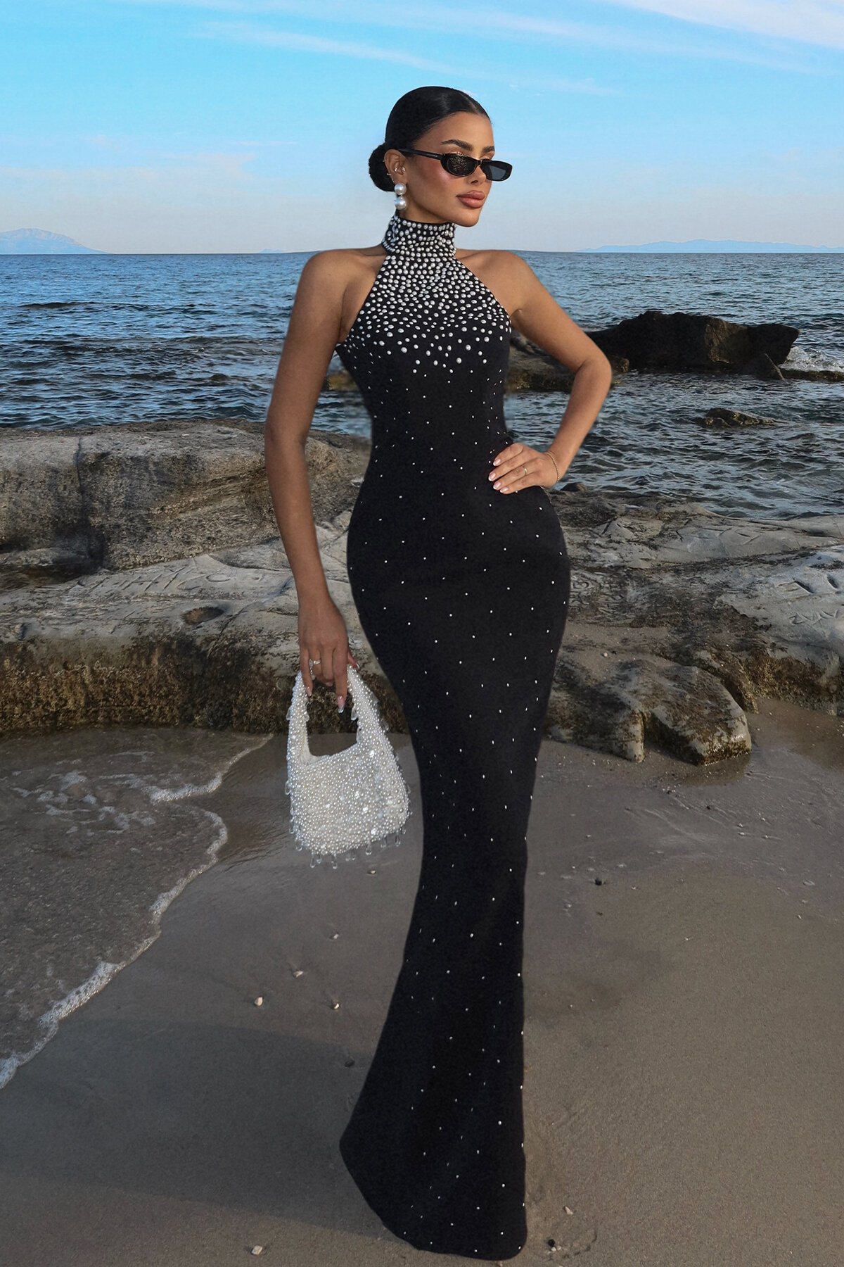 İnci Detaylı Halter Yaka Elbise - 1875