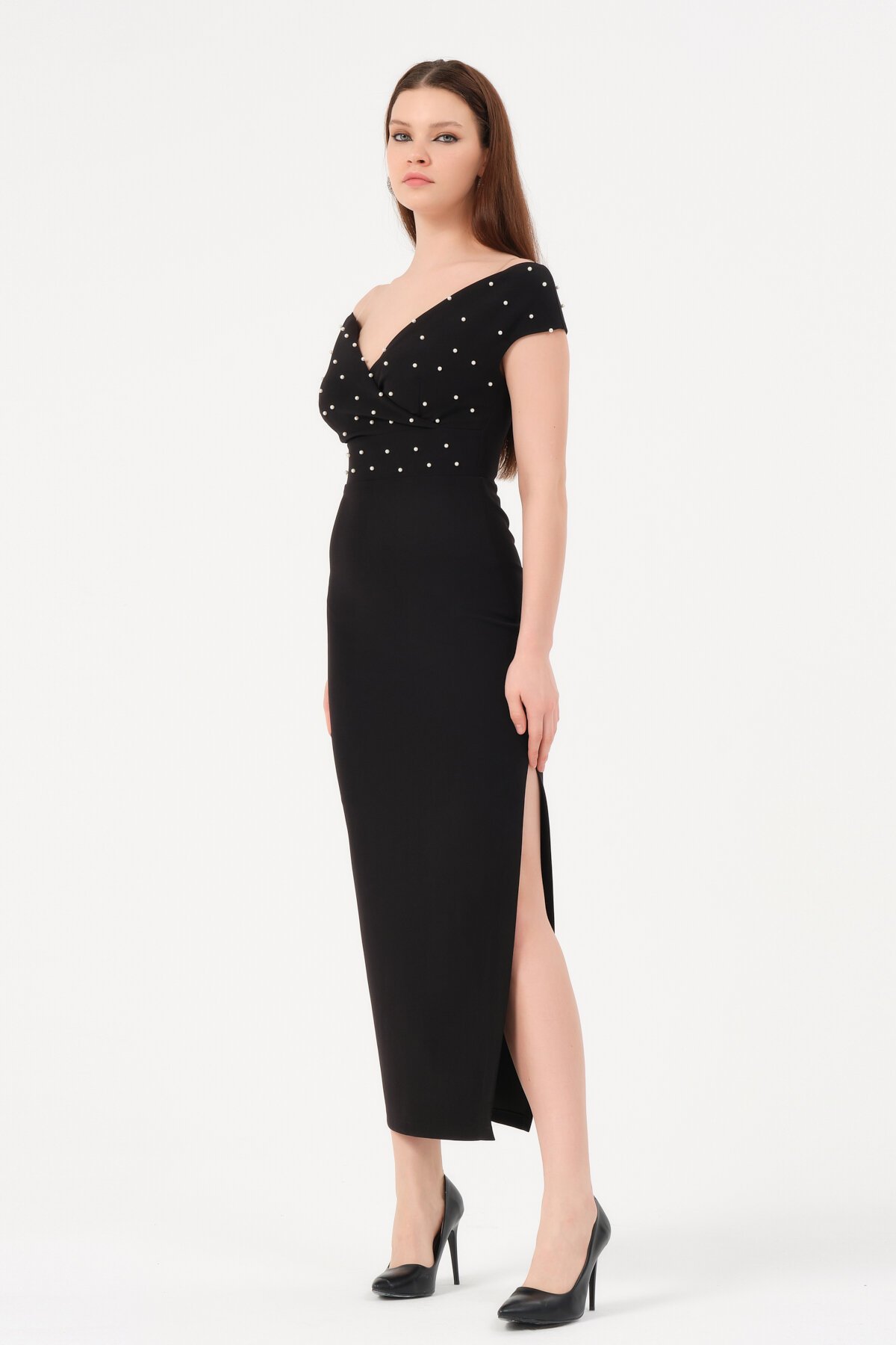 İncili Kruvaze Yaka Yırtmaçlı Midi Elbise - 1585