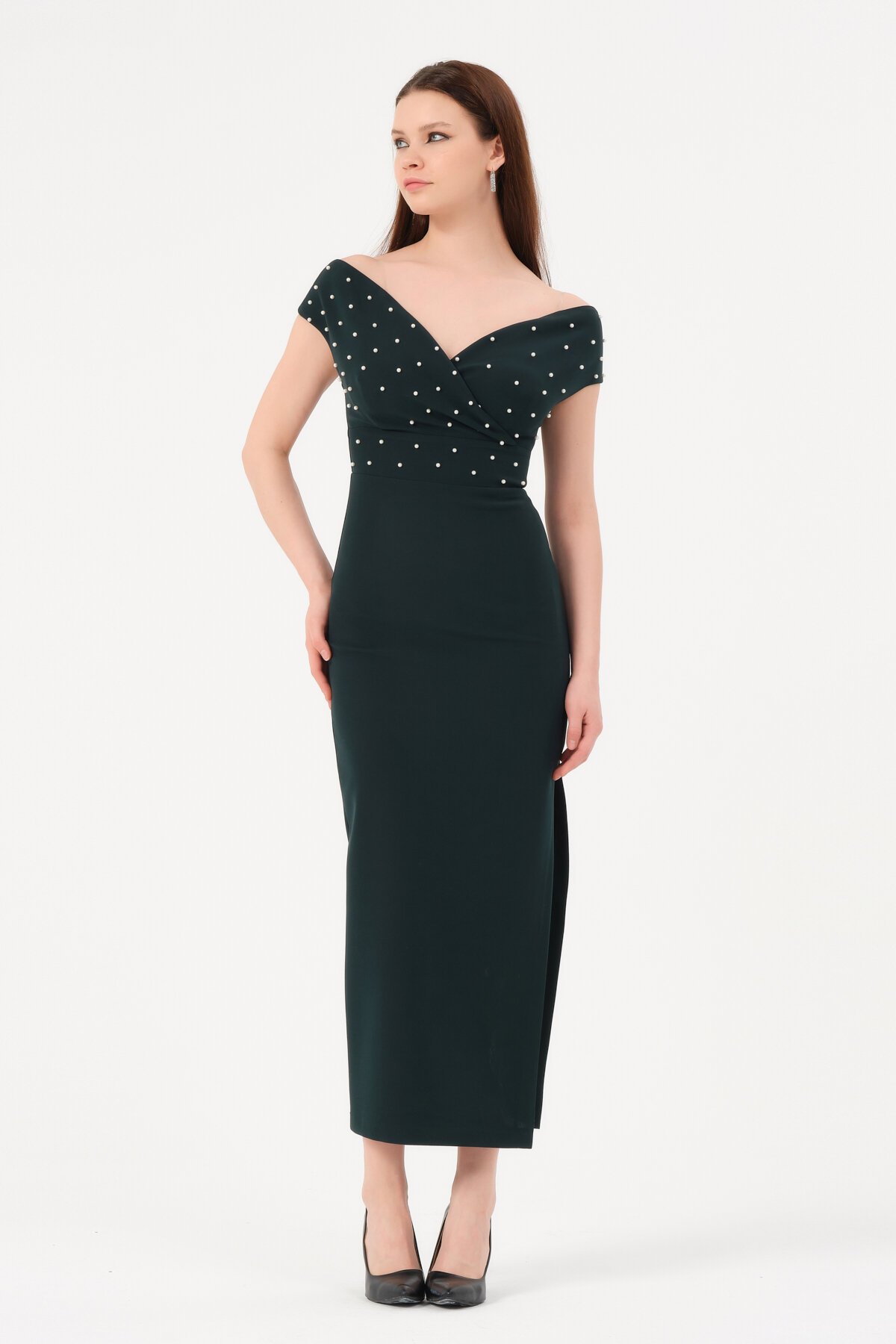 İncili Kruvaze Yaka Yırtmaçlı Midi Elbise - 1585