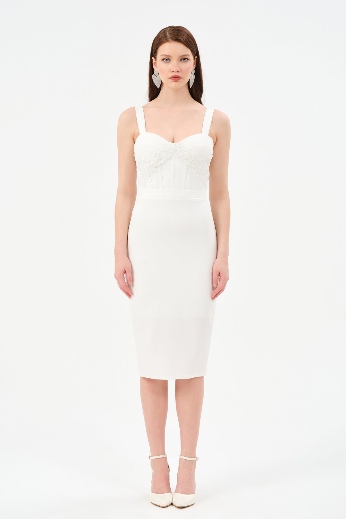 İşleme Detaylı Askılı Midi Elbise - 1536