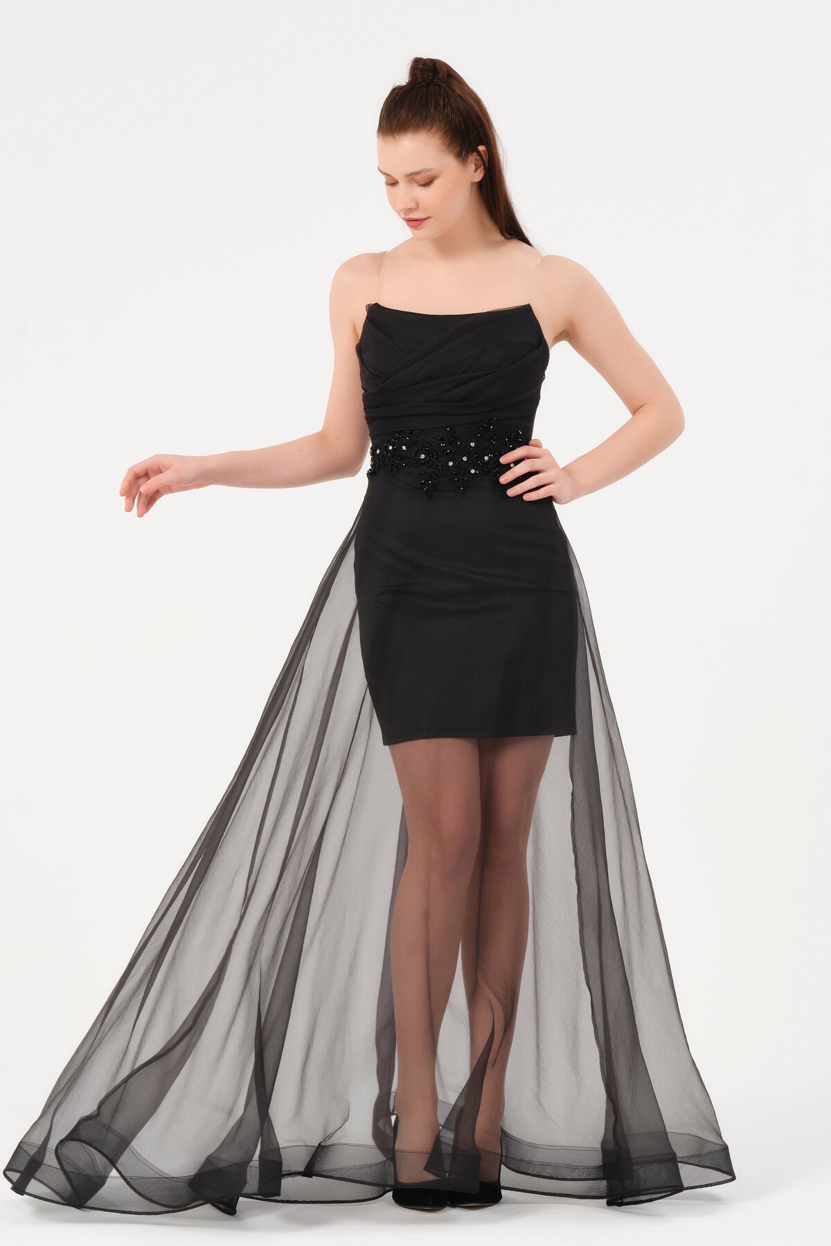 İşlemeli Tül Detaylı Straplez Elbise - 1551