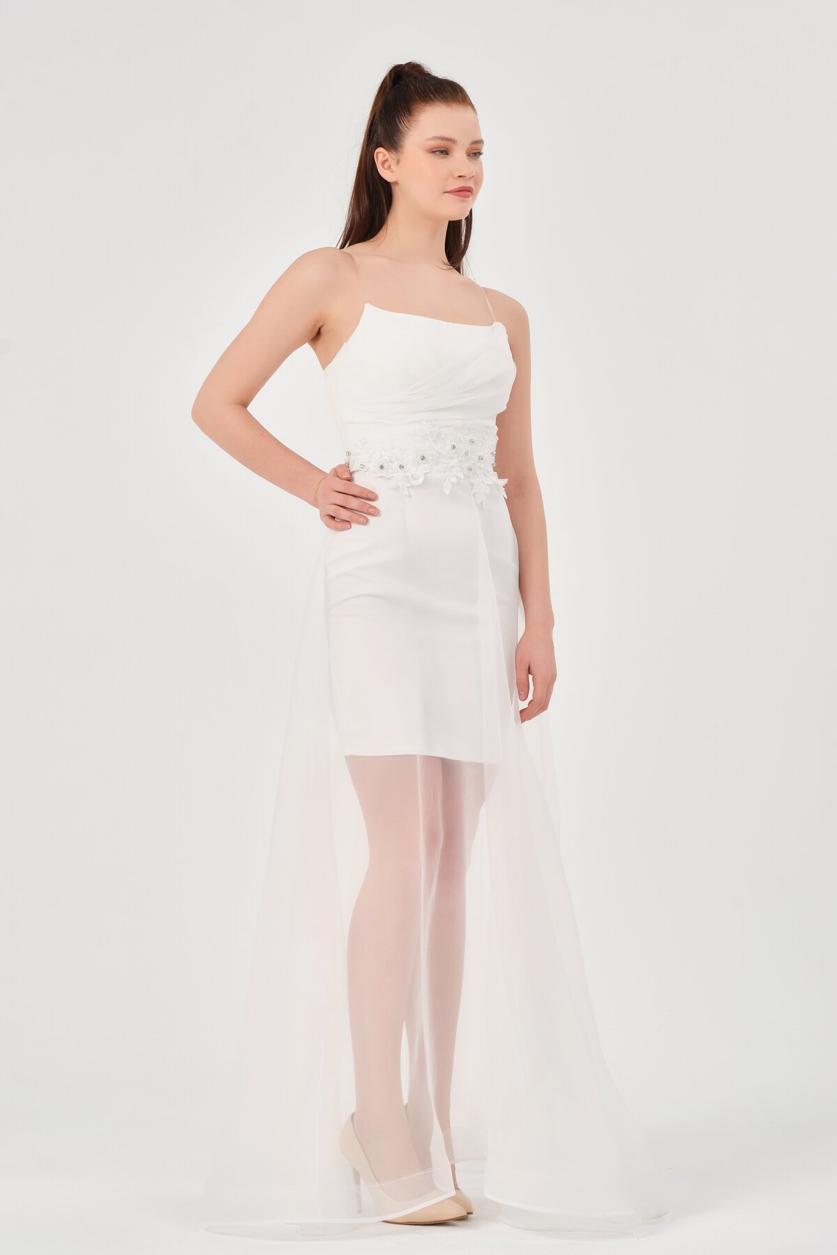 İşlemeli Tül Detaylı Straplez Elbise - 1551