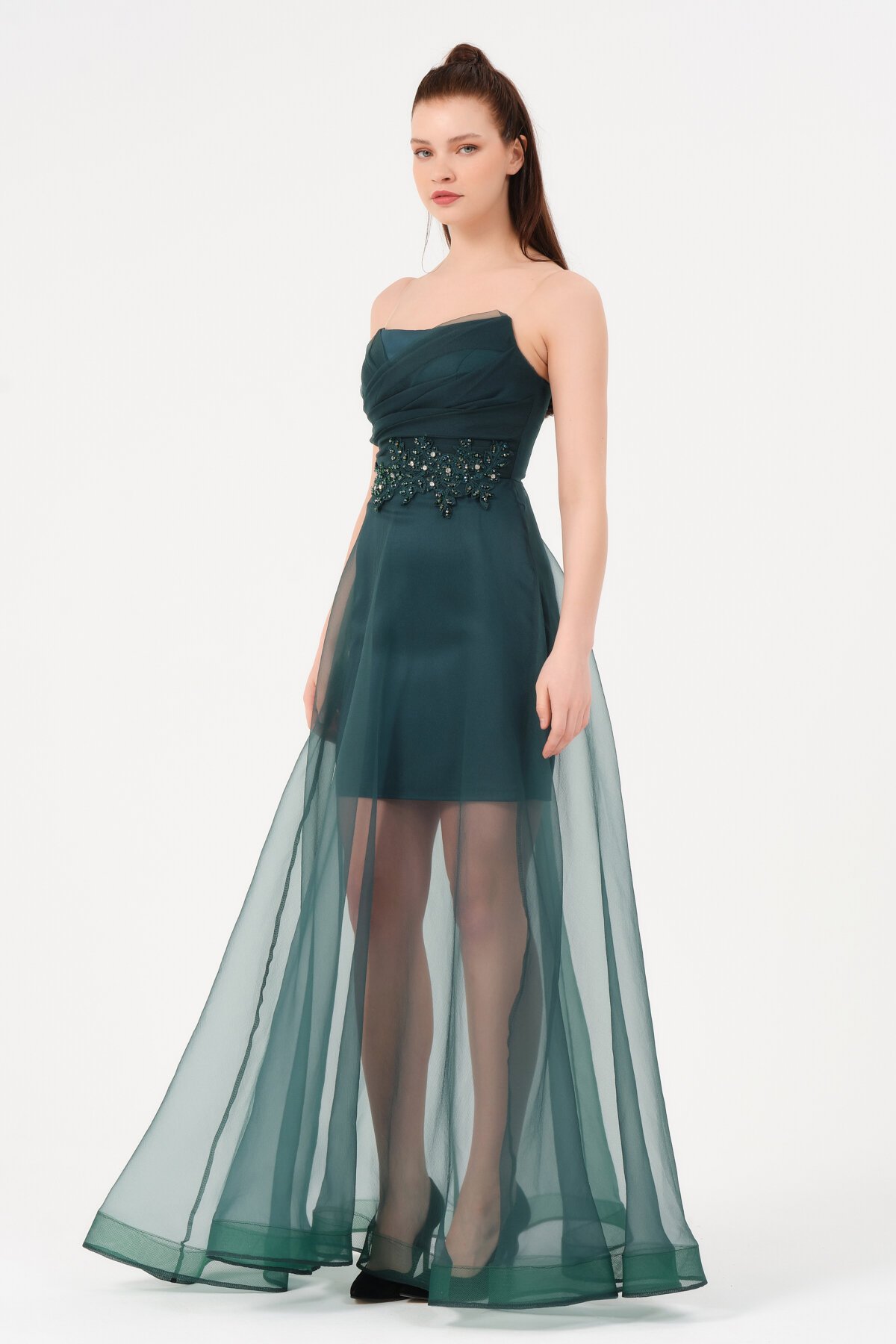 İşlemeli Tül Detaylı Straplez Elbise - 1551