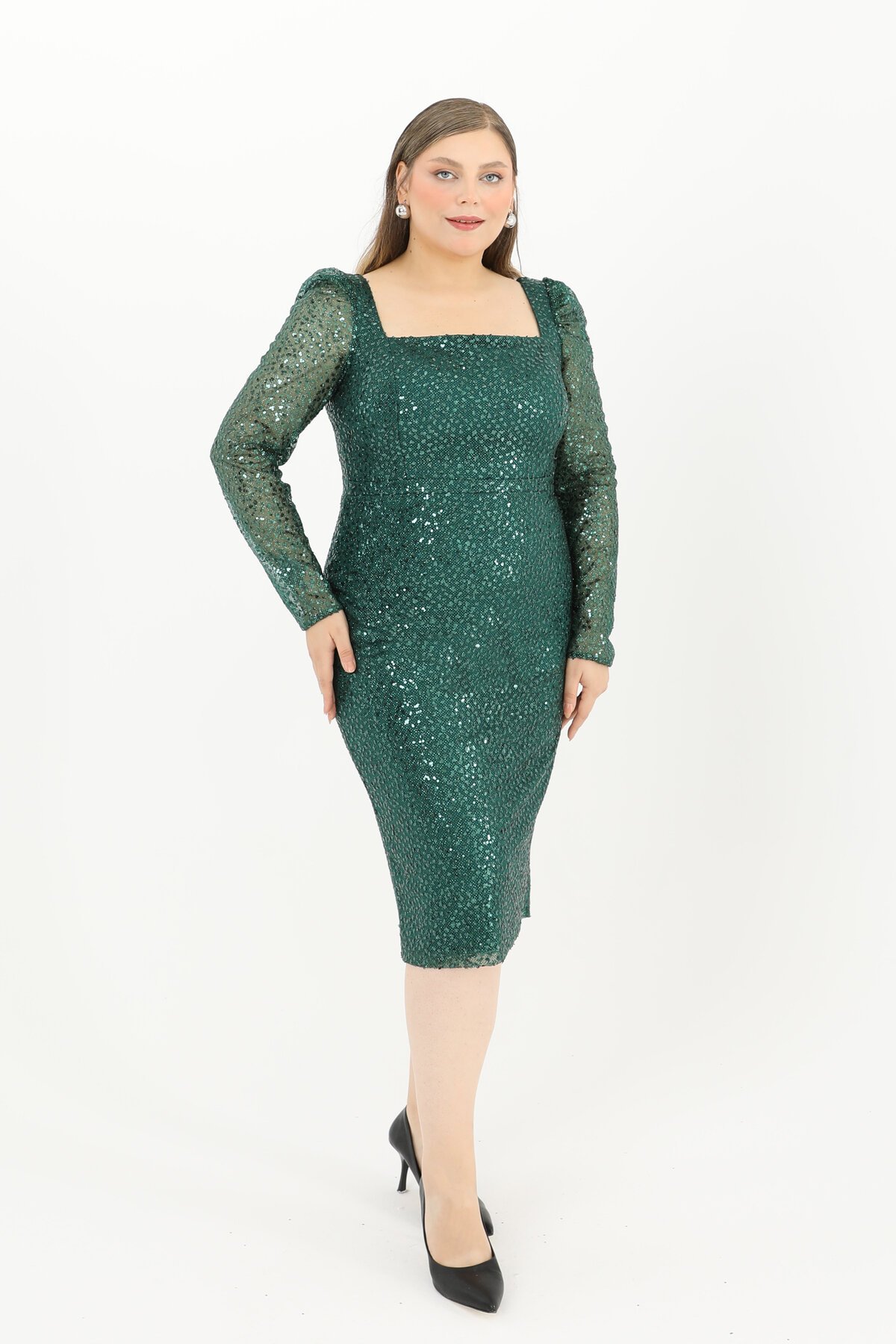 Kare Yaka Midi Elbise - 1627