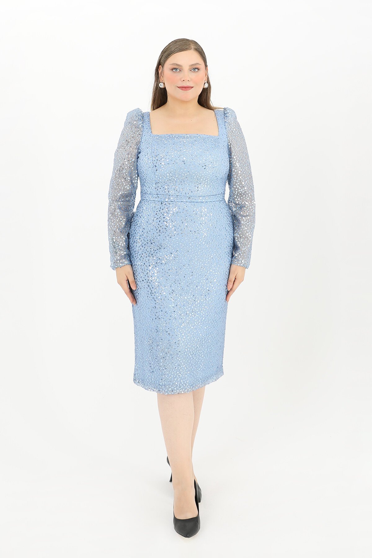 Kare Yaka Midi Elbise - 1627