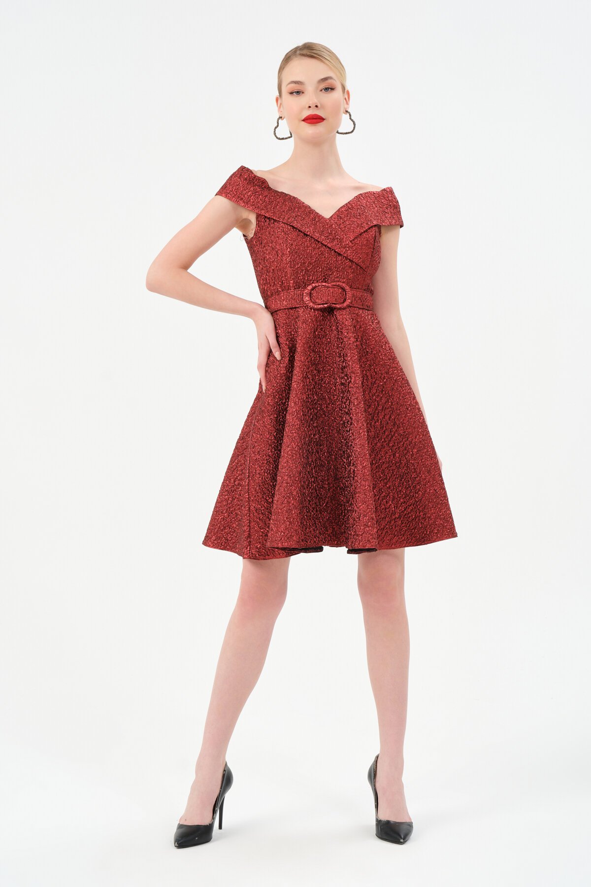 Kayık Yaka Kemer Detaylı Mini Elbise - 1543