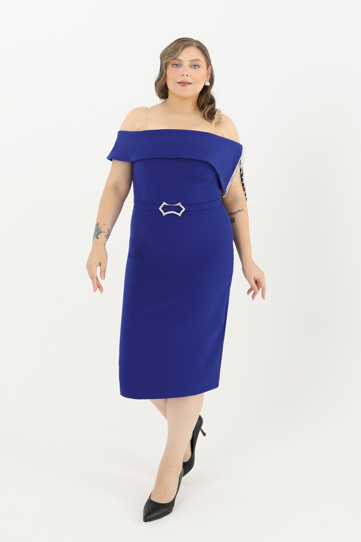 Kayık Yaka Taş Detaylı Midi Elbise - 1709